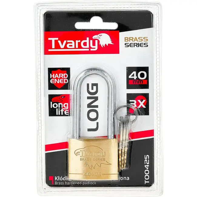 Tvardy Messing hangslot 40 mm met lange beugel en 3 sleutels voor lockers en poorten