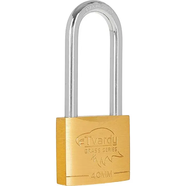 Tvardy Messing hangslot 40 mm met lange beugel en 3 sleutels voor lockers en poorten