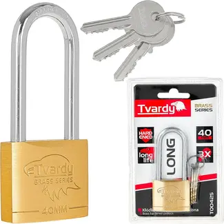 Tvardy Messing hangslot 40 mm met lange beugel en 3 sleutels voor lockers en poorten