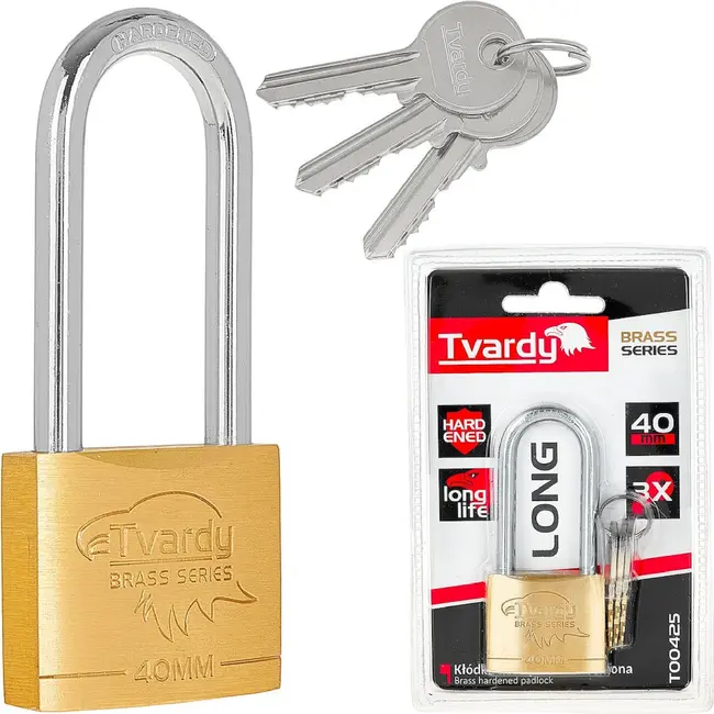 Tvardy Messing hangslot 40 mm met lange beugel en 3 sleutels voor lockers en poorten