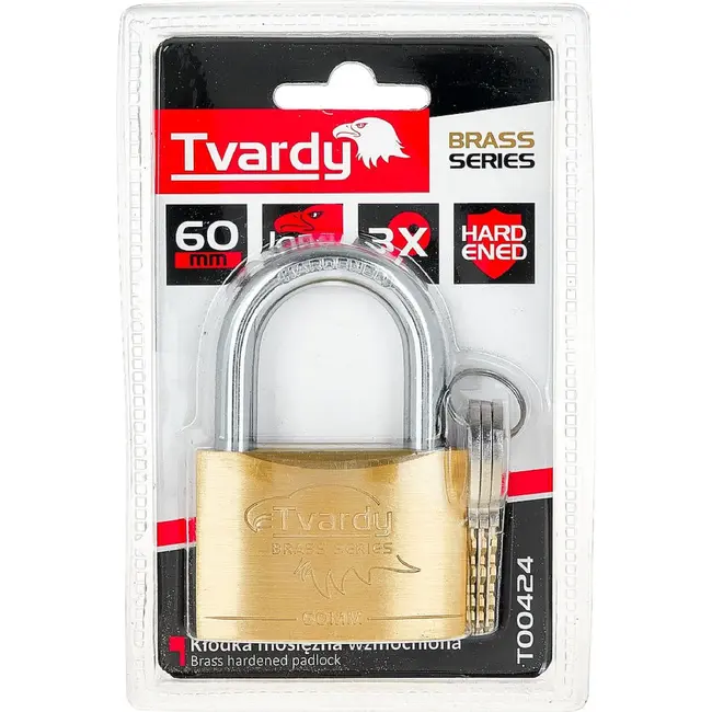Tvardy Messing hangslot 60 mm met geharde beugel en 3 sleutels voor poorten en garages