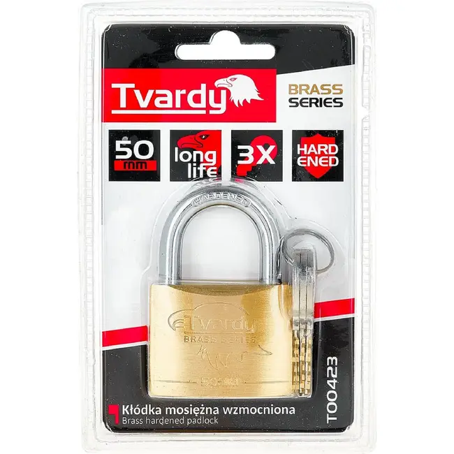 Tvardy Messing hangslot 50 mm met geharde beugel en 3 sleutels voor poorten en lockers