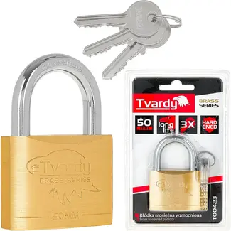 Tvardy Messing hangslot 50 mm met geharde beugel en 3 sleutels voor poorten en lockers