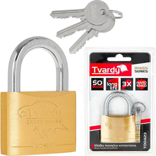 Tvardy Messing hangslot 50 mm met geharde beugel en 3 sleutels voor poorten en lockers