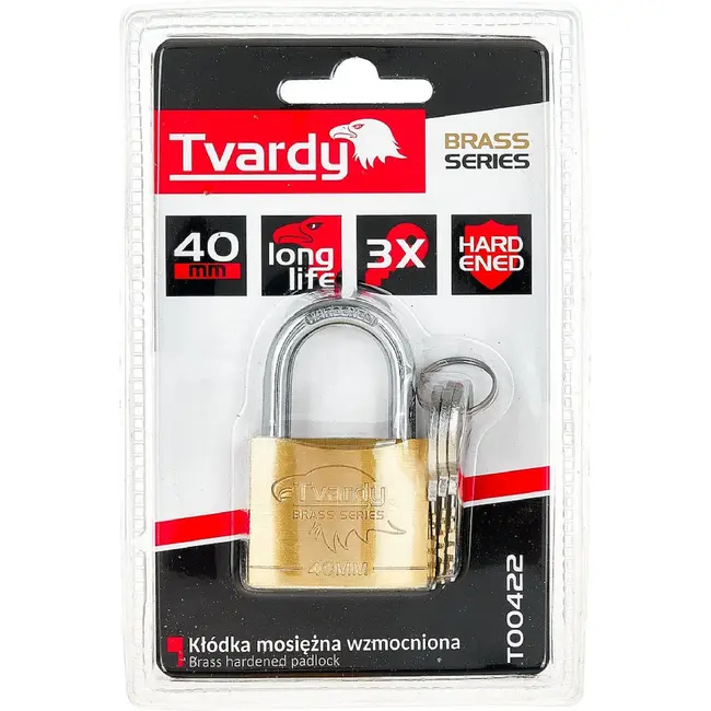 Tvardy Messing hangslot 40 mm met geharde beugel en 3 sleutels voor lockers en kisten