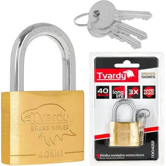Tvardy Messing hangslot 40 mm met geharde beugel en 3 sleutels voor lockers en kisten