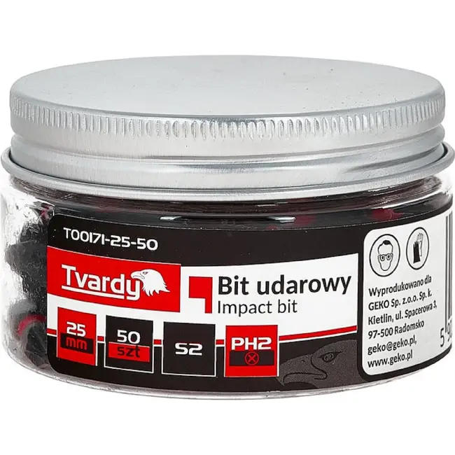 Tvardy PH2 impact bits 25 mm van S2 staal voor slagschroevendraaier in pot met 50 stuks