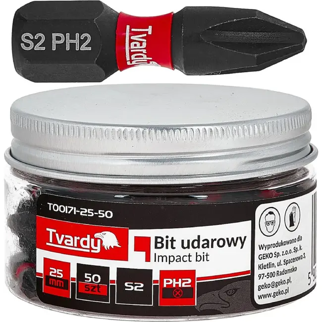 Tvardy PH2 impact bits 25 mm van S2 staal voor slagschroevendraaier in pot met 50 stuks
