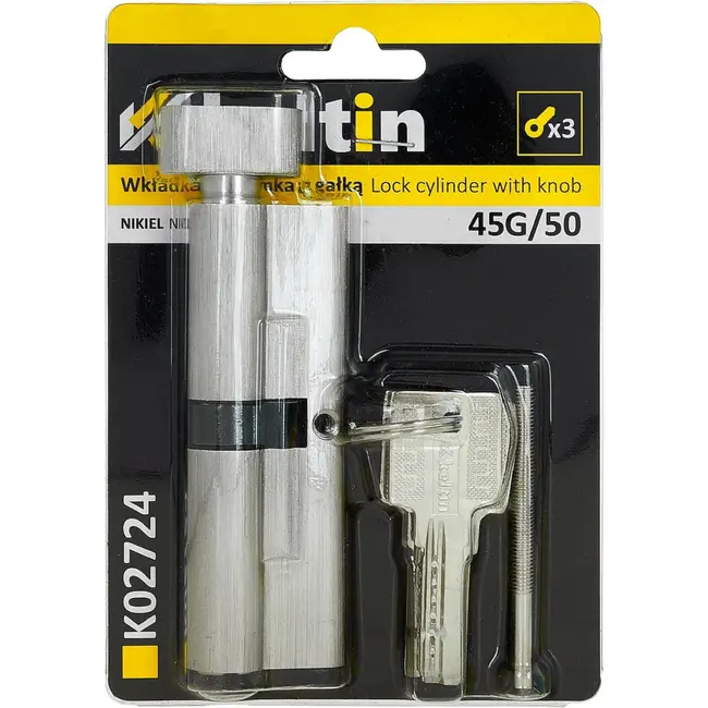 Keltin Knopcilinder 45G/50 mm nikkelkleur met draaiknop, 3 sleutels en bevestigingsschroef