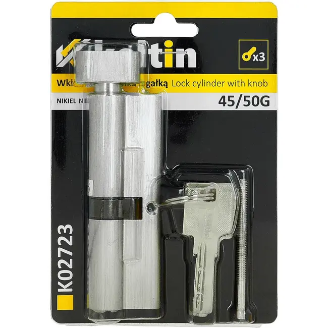 Keltin Knopcilinder 45/50G mm nikkelkleur met draaiknop, 3 sleutels en bevestigingsschroef