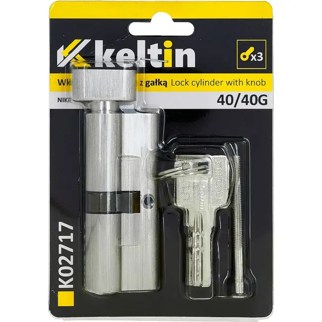Keltin Knopcilinder 40/40G mm nikkelkleur met draaiknop, 3 sleutels en montageschroef