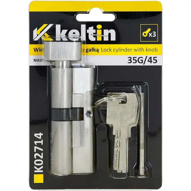 Keltin Knopcilinder 35G/45 mm nikkelkleur met draaiknop, 3 sleutels en montageschroef