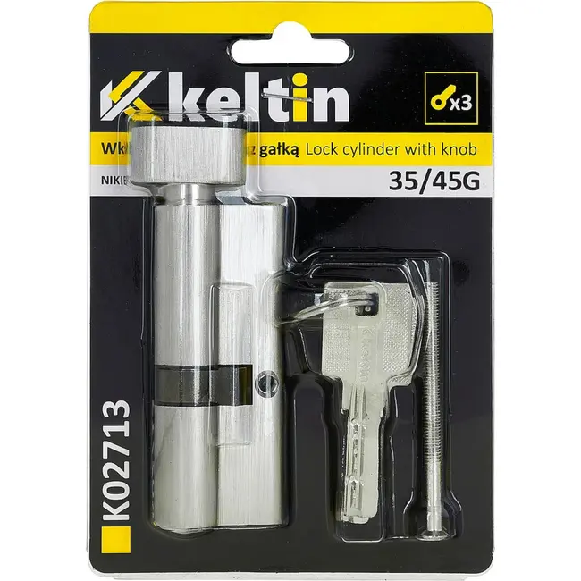 Keltin Knopcilinder 35/45G mm nikkelkleur met draaiknop, 3 sleutels en montageschroef