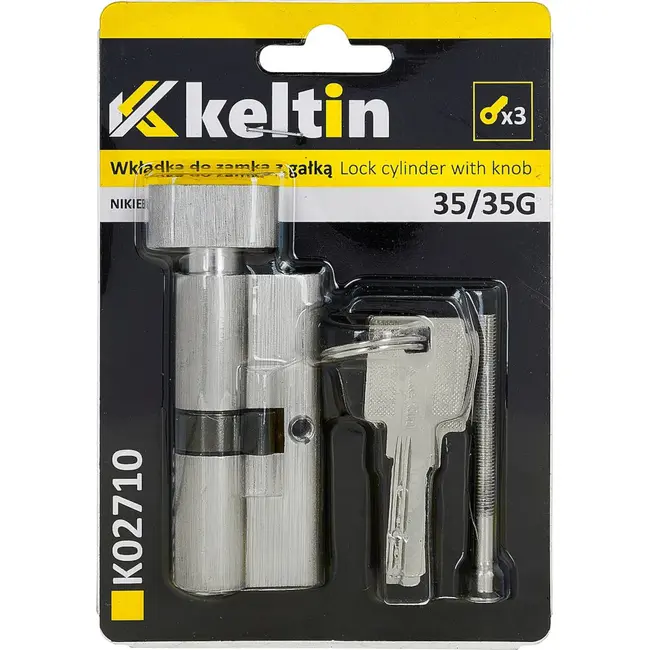 Keltin Knopcilinder 35/35G mm nikkelkleur met draaiknop, 3 sleutels en montageschroef