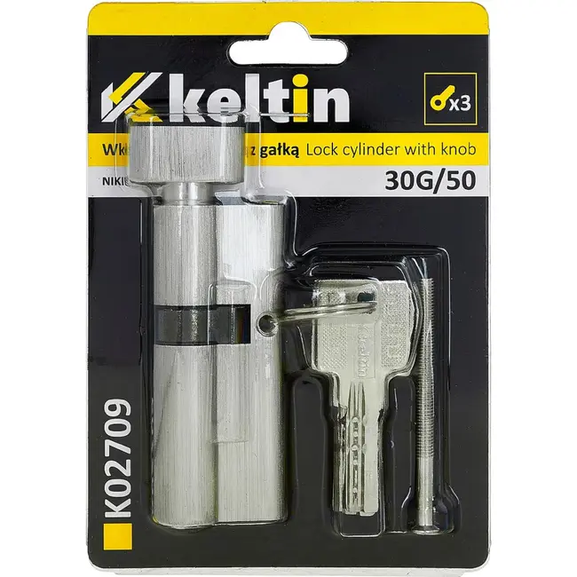Keltin Knopcilinder 30G/50 mm nikkelkleur met draaiknop, 3 sleutels en montageschroef