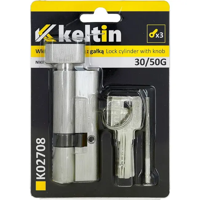 Keltin Knopcilinder 30/50G mm nikkelkleur met draaiknop, 3 sleutels en montageschroef