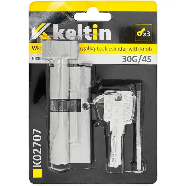 Keltin Knopcilinder 30G/45 mm nikkelkleur met draaiknop, 3 sleutels en montageschroef