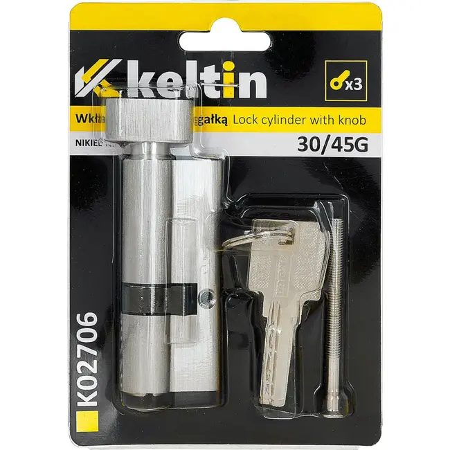 Keltin Knopcilinder 30/45G mm nikkelkleur met draaiknop, 3 sleutels en montageschroef