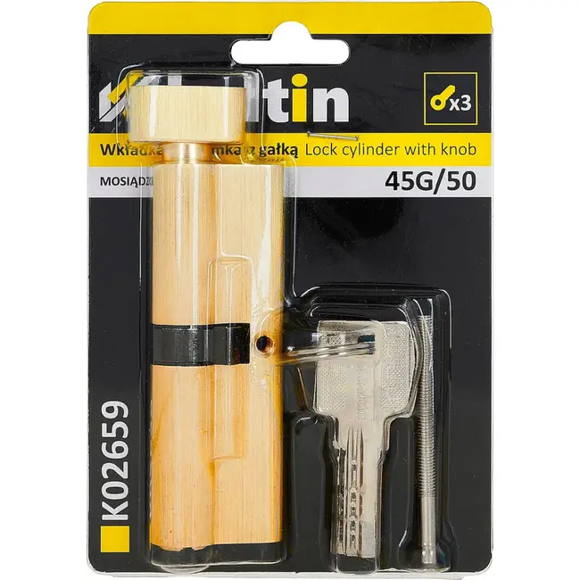 Keltin Knopcilinder 45G/50 mm in geborsteld messing met draaiknop, 3 sleutels en montageschroef