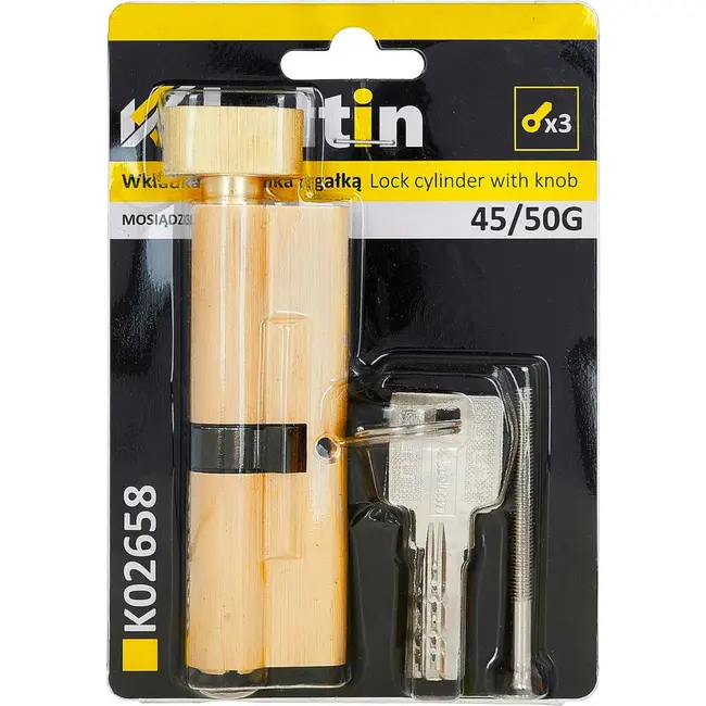 Keltin Knopcilinder 45/50G mm geborsteld messing met draaiknop, 3 sleutels en schroef