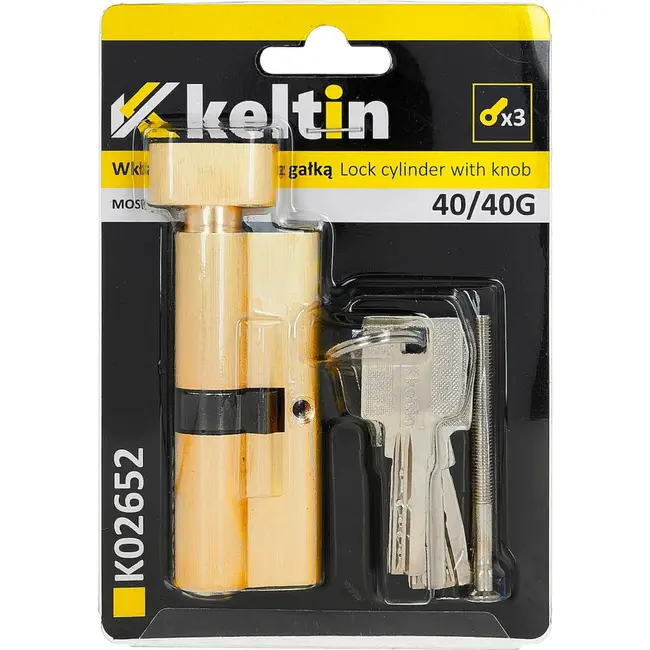Keltin Knopcilinder 40/40G mm geborsteld messing met draaiknop, 3 sleutels en schroef