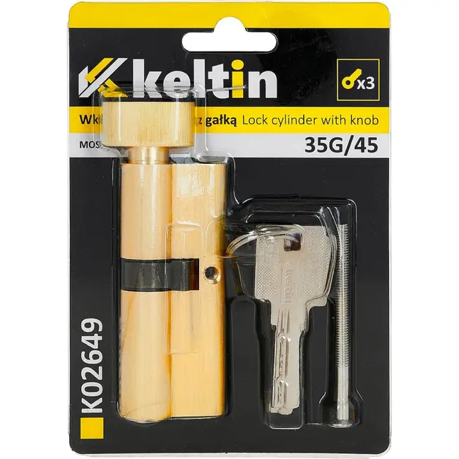 Keltin Knopcilinder 35G/45 mm geborsteld messing met draaiknop, 3 sleutels en schroef