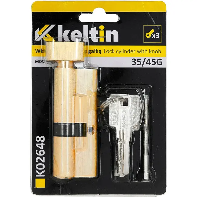 Keltin Knopcilinder 35/45G mm geborsteld messing met draaiknop, 3 sleutels en schroef