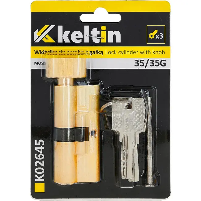 Keltin Knopcilinder 35/35G mm geborsteld messing met draaiknop, 3 sleutels en schroef