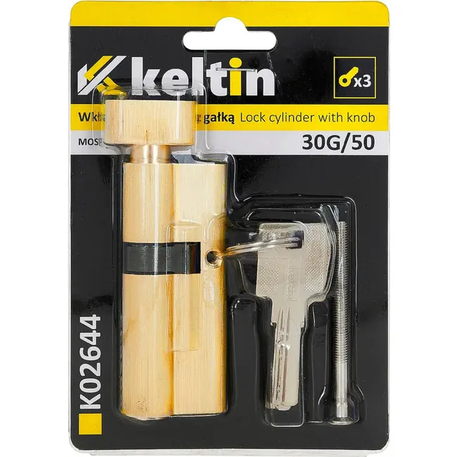 Keltin Knopcilinder 30G/50 mm geborsteld messing met draaiknop, 3 sleutels en schroef