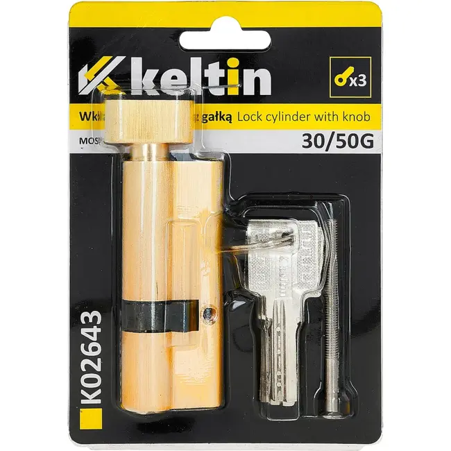 Keltin Knopcilinder 30/50G mm geborsteld messing met draaiknop, 3 sleutels en schroef
