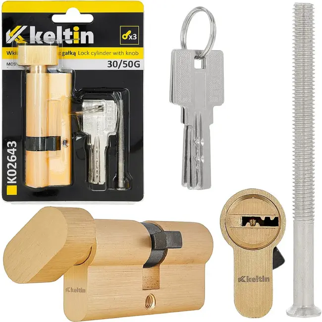 Keltin Knopcilinder 30/50G mm geborsteld messing met draaiknop, 3 sleutels en schroef