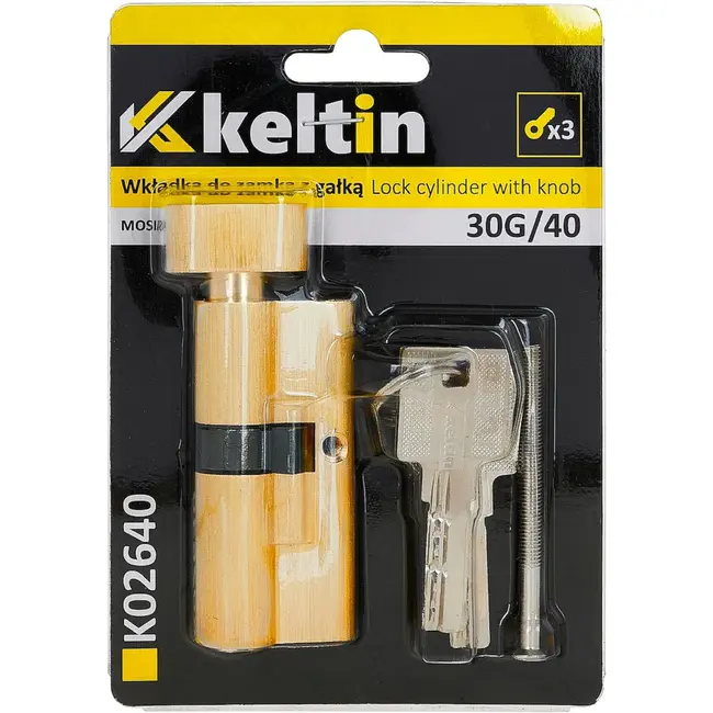 Keltin Knopcilinder 30G/40 mm geborsteld messing met draaiknop, 3 sleutels en schroef