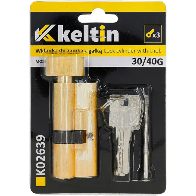Keltin Knopcilinder 30/40G mm geborsteld messing met draaiknop, 3 sleutels en schroef
