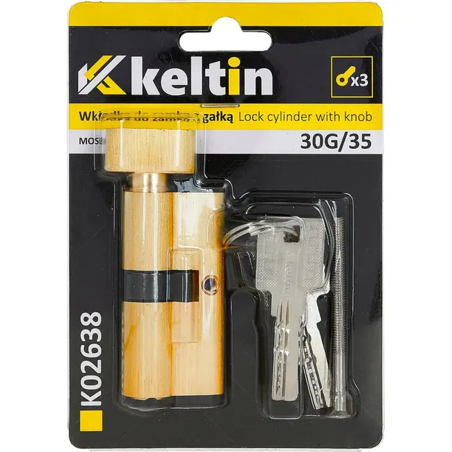 Keltin Knopcilinder 30G/35 mm geborsteld messing met draaiknop, 3 sleutels en schroef
