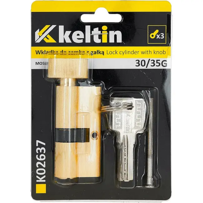 Keltin Knopcilinder 30/35G mm geborsteld messing met draaiknop, 3 sleutels en schroef