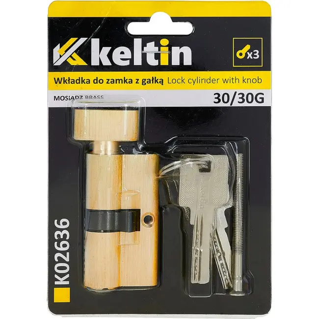 Keltin Knopcilinder 30/30G mm geborsteld messing met draaiknop, 3 sleutels en schroef
