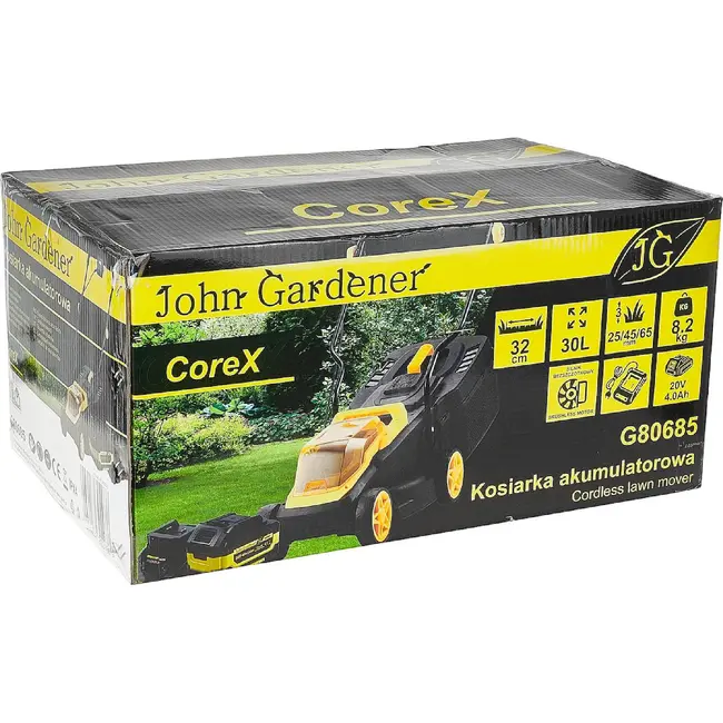 John Gardener Accu grasmaaier 32 cm met borstelloze motor, CoreX accu en 30 L opvangbak