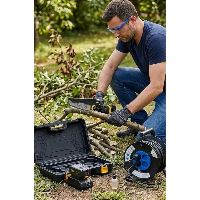 John Gardener Accu kettingzaag 21 V 8 inch met 2 x 4,0 Ah accu’s, lader en reserveketting