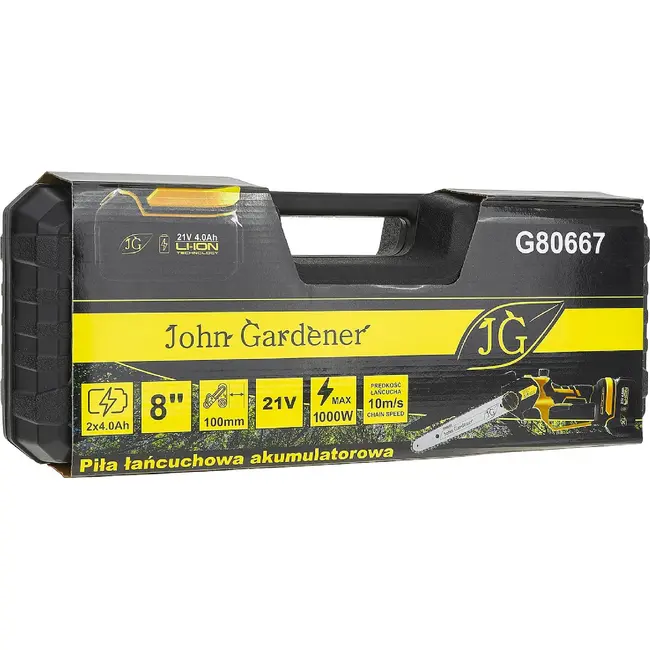 John Gardener Accu kettingzaag 21 V 8 inch met 2 x 4,0 Ah accu’s, lader en reserveketting