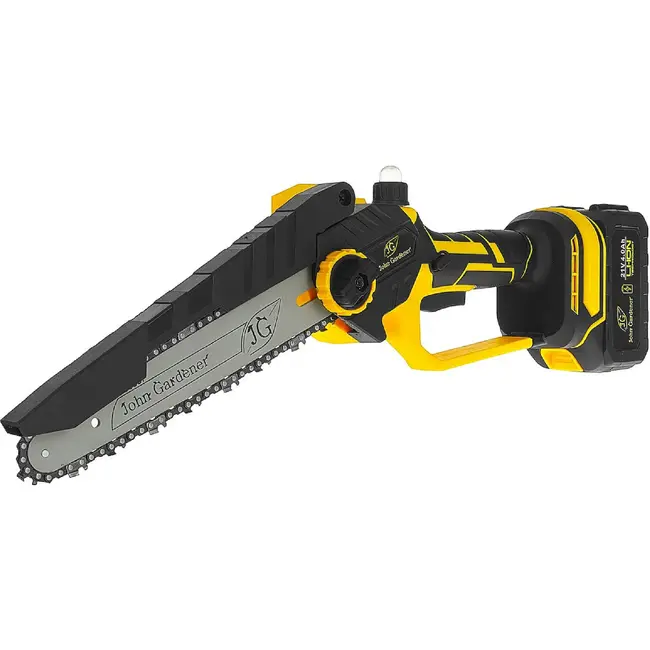John Gardener Accu kettingzaag 21 V 8 inch met 2 x 4,0 Ah accu’s, lader en reserveketting
