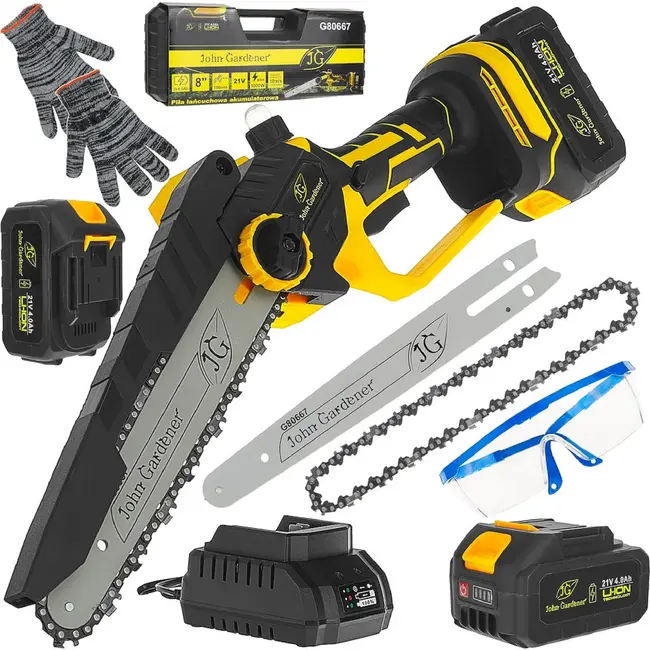 John Gardener Accu kettingzaag 21 V 8 inch met 2 x 4,0 Ah accu’s, lader en reserveketting