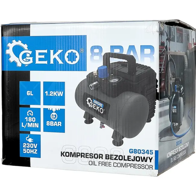 GEKO Compacte olievrije compressor 6 liter 8 bar met 1200 W motor en duidelijke manometer druk