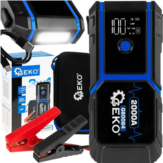 GEKO Jumpstarter 20000 mAh 12 V met 1000 A startstroom, LED-lamp en QC3.0 powerbank