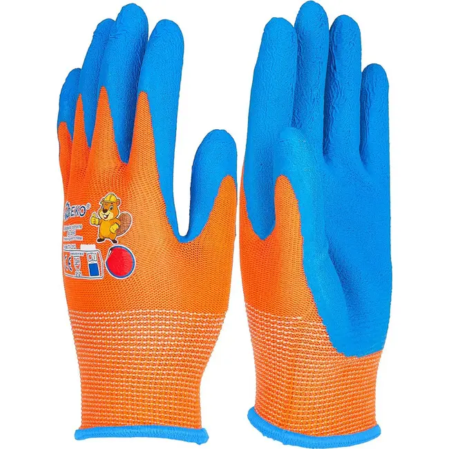 GEKO Beschermhandschoenen voor kinderen maat 5 oranje blauw met latex foam 12 paar voor klus en tuin