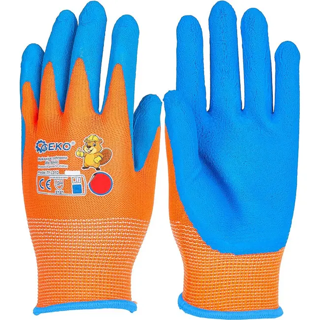 GEKO Beschermhandschoenen voor kinderen maat 5 oranje blauw met latex foam 12 paar voor klus en tuin