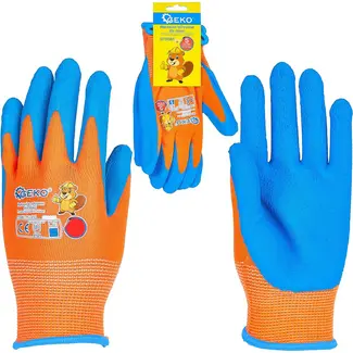 GEKO Beschermhandschoenen voor kinderen maat 5 oranje blauw met latex foam 12 paar voor klus en tuin