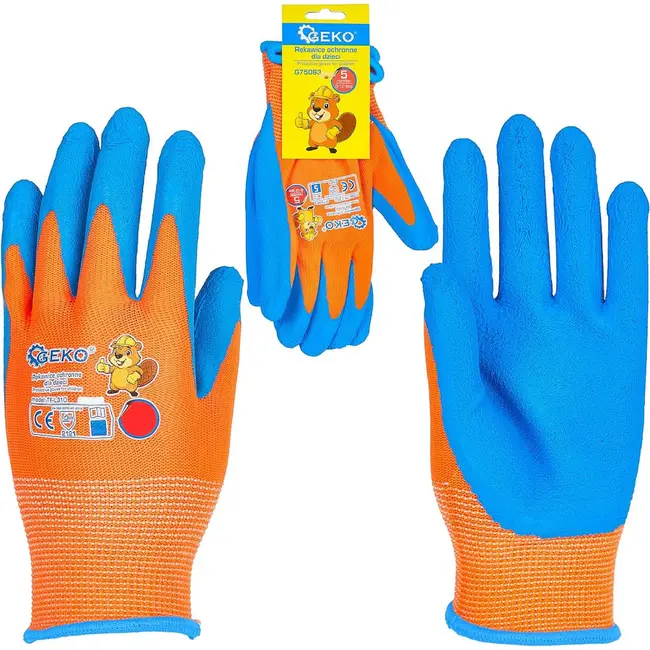 GEKO Beschermhandschoenen voor kinderen maat 5 oranje blauw met latex foam 12 paar voor klus en tuin