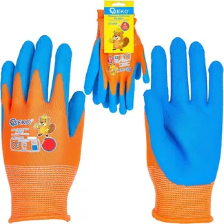 GEKO Beschermhandschoenen voor kinderen maat 4 oranje blauw met latex foam 12 paar