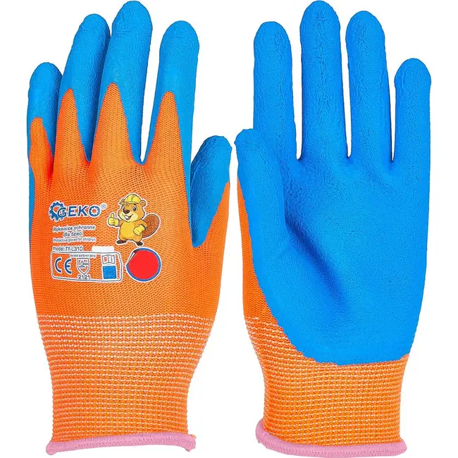 GEKO Beschermhandschoenen voor kinderen maat 3 oranje blauw met latex foam 12 paar