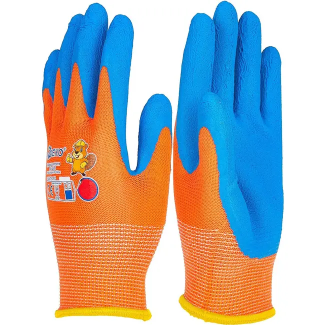 GEKO Beschermhandschoenen voor kinderen maat 2 oranje blauw met latex foam 12 paar